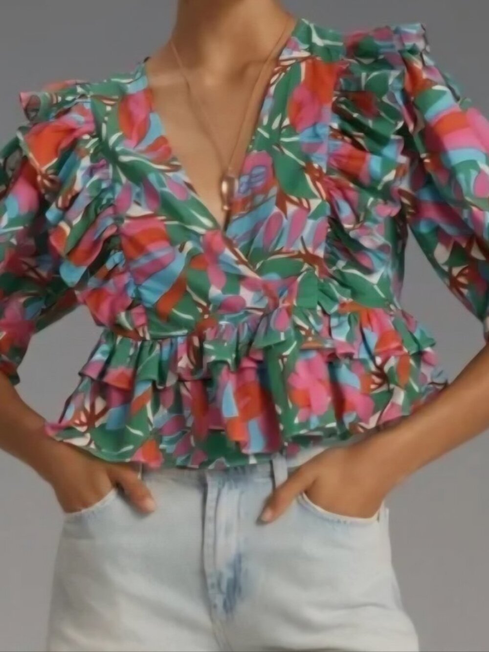 Rhode Elodie Ruffle Peplum Cropped Tropical Top Organic Cotton size small